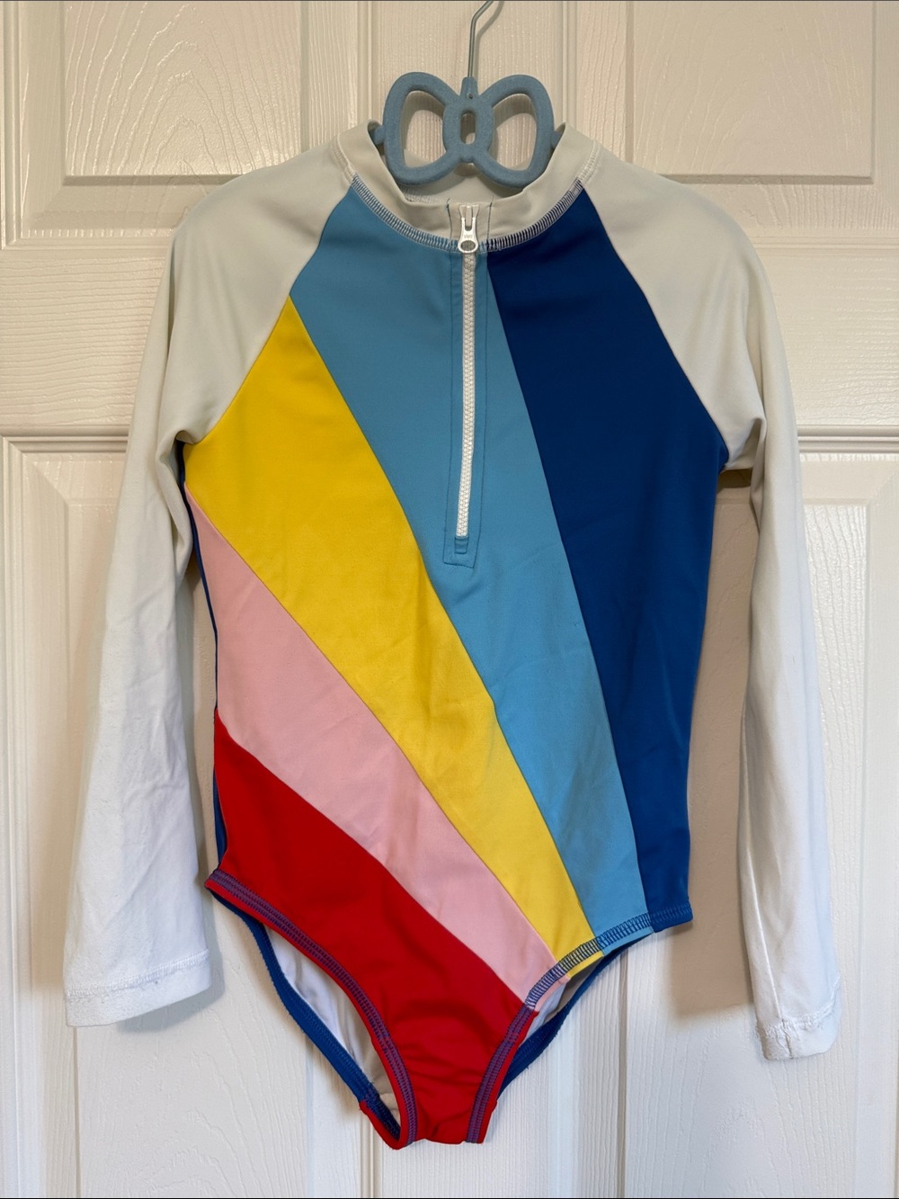 Hanna Andersson Long-Sleeve One-Piece Swimsuit in White with Rainbow Panels